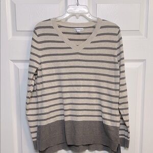Croft & Barrow Cream and Gray/Brown V-Neck Striped Sweater